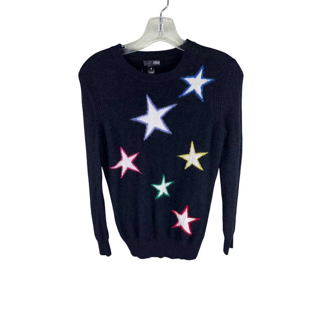 AQUA Cashmere Black Multi Color Star Intarsia Crewneck Sweater Womens Medium